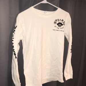 White with black writing long sleeve T-shirt.